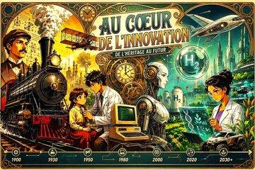 Des personnages et décors montrent différentes époques d'innovations 