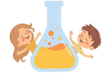 Une petite fille et un petit garçon heureux encadrent un grand tube à essais contenant un liquide jaune