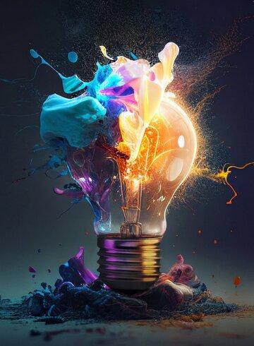 Creative light bulb explodes with colorful paint and splashes on a black background. Think differently creative idea concept. By alones - AdobeStock. Généré à l’aide de l’IA Creative light bulb explodes with colorful paint and splashes on a black background. Think differently creative idea concept. By alones - AdobeStock. Généré à l’aide de l’IA