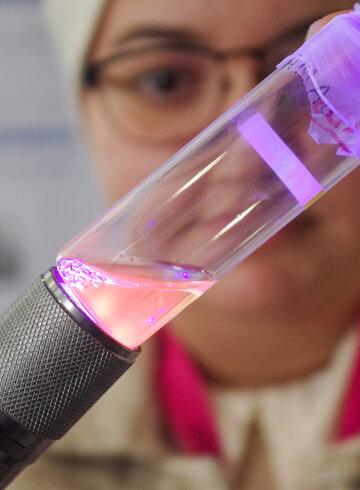 Une chercheuse montre un tube contenant un liquide luminescent