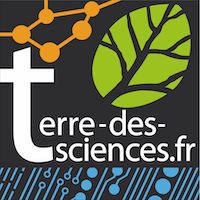 logo présentant un symbole chimie, végétal et numérique et le site internet de l'association : www.terre-des-sciences.fr