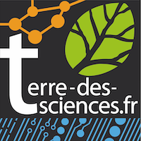 Terre des Sciences logo présentant un symbole chimie, végétal et numérique et le site internet de l'association : www.terre-des-sciences.fr