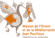 Logo de la Maison de l'Orient et de la Méditerranée dont l'emblème est un oiseau portant un poisson dans son bec, inspiré de la décoration d'une cruche chypriote de l'époque archaïque