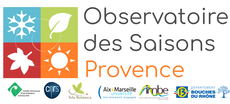 Image représentant les quatres saisons, avec inscrit à coté "Observatoire des Saisons Provence" souligné des logos des parteanires (CEFE, CNRS, Tela Botanica, AMU, IMBE, CD13)
