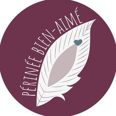 logo : une plume blanche représentant une vulve sur fond de couleur pourpre avec l'écriture du nom de l'association