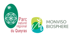 Logos du Parc naturel régional du Queyras et de la Réserve de biosphère du Mont Viso.