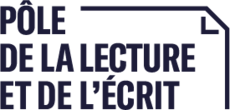 Logo avec texte : "Pôle de la Lecture et de l'Écrit" page avec coin droit retourné